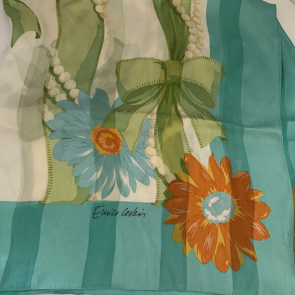 Enrico Coveri Flowers Ribbon & Pearls Square 100% Silk Scarf - Picture 3 of 6